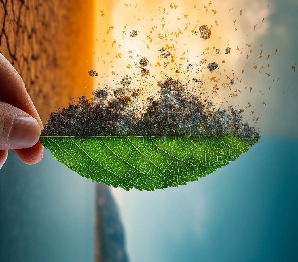 Feuille d'arbre qui se désintègre en poussière grise